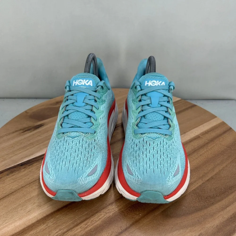 Hoka Clifton 8 Womens Running Shoes Blue Red White Sneakers Cushioned Comfort